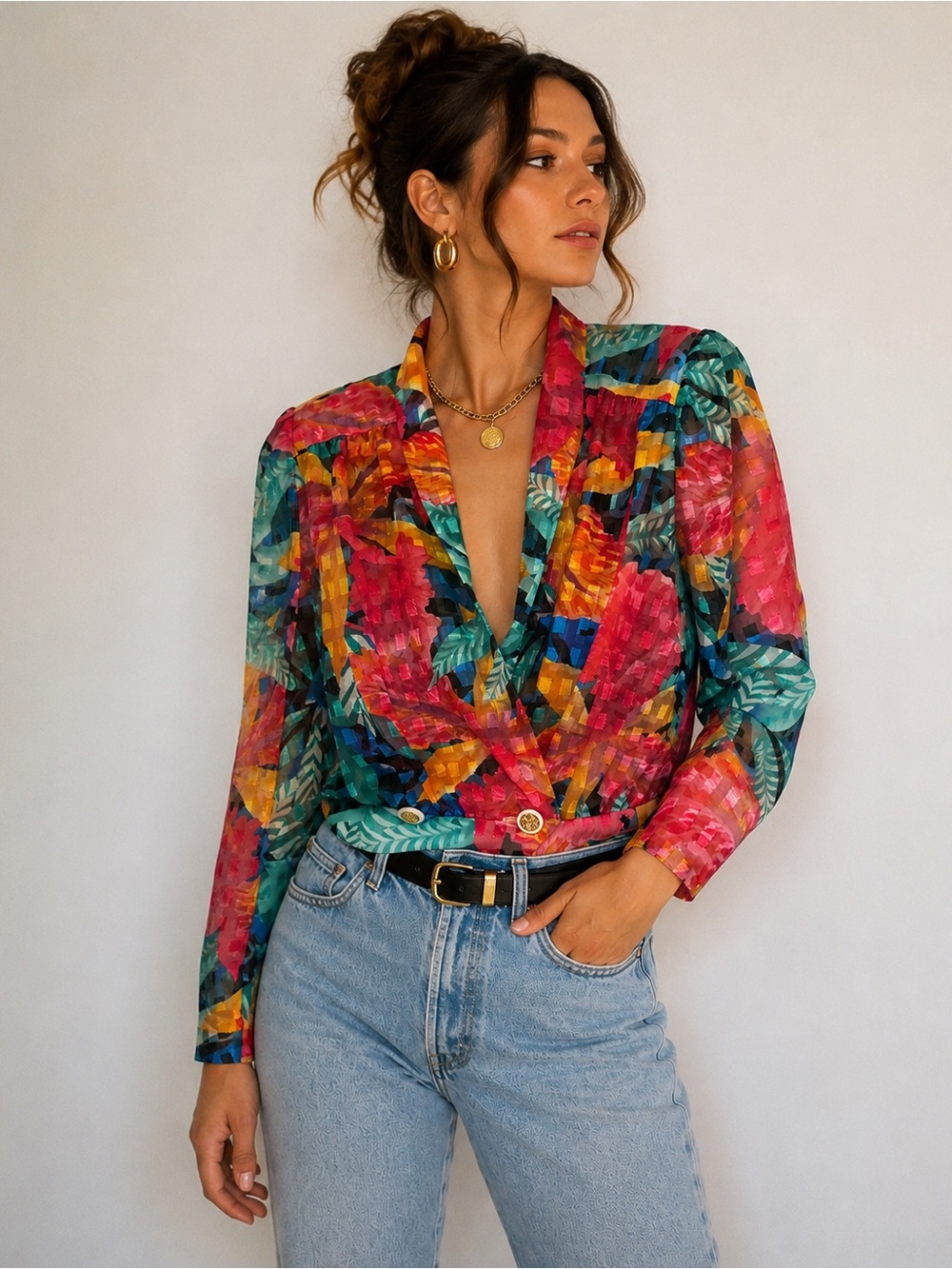VTG Augustat 80s 90s Sheer Floral Blouse Jacket Size M/L